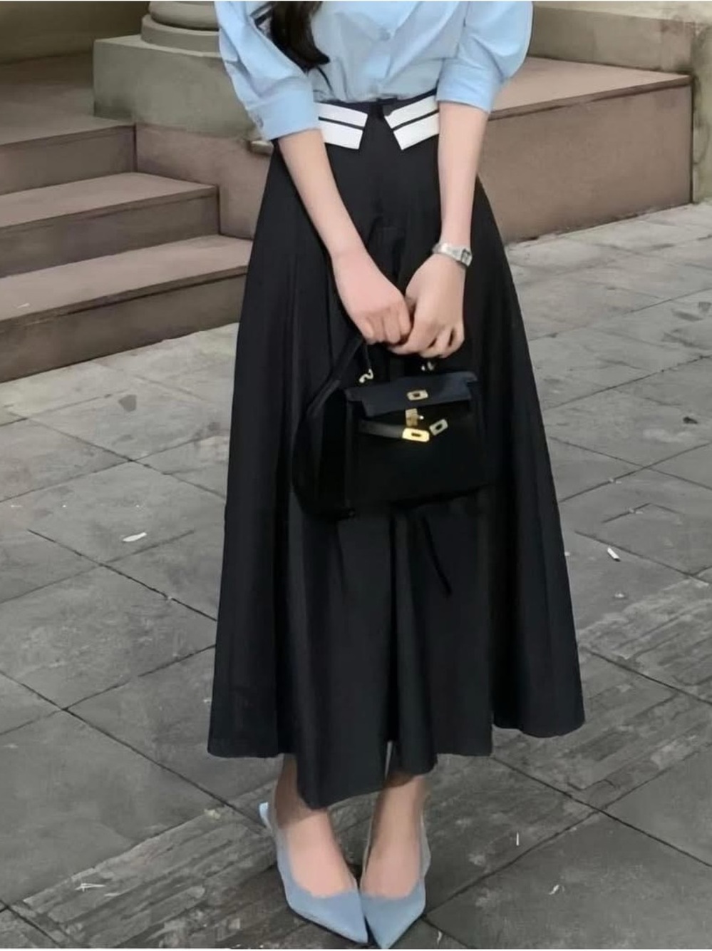 Vero Moda Black Midi Skirt with White Waistband Detail